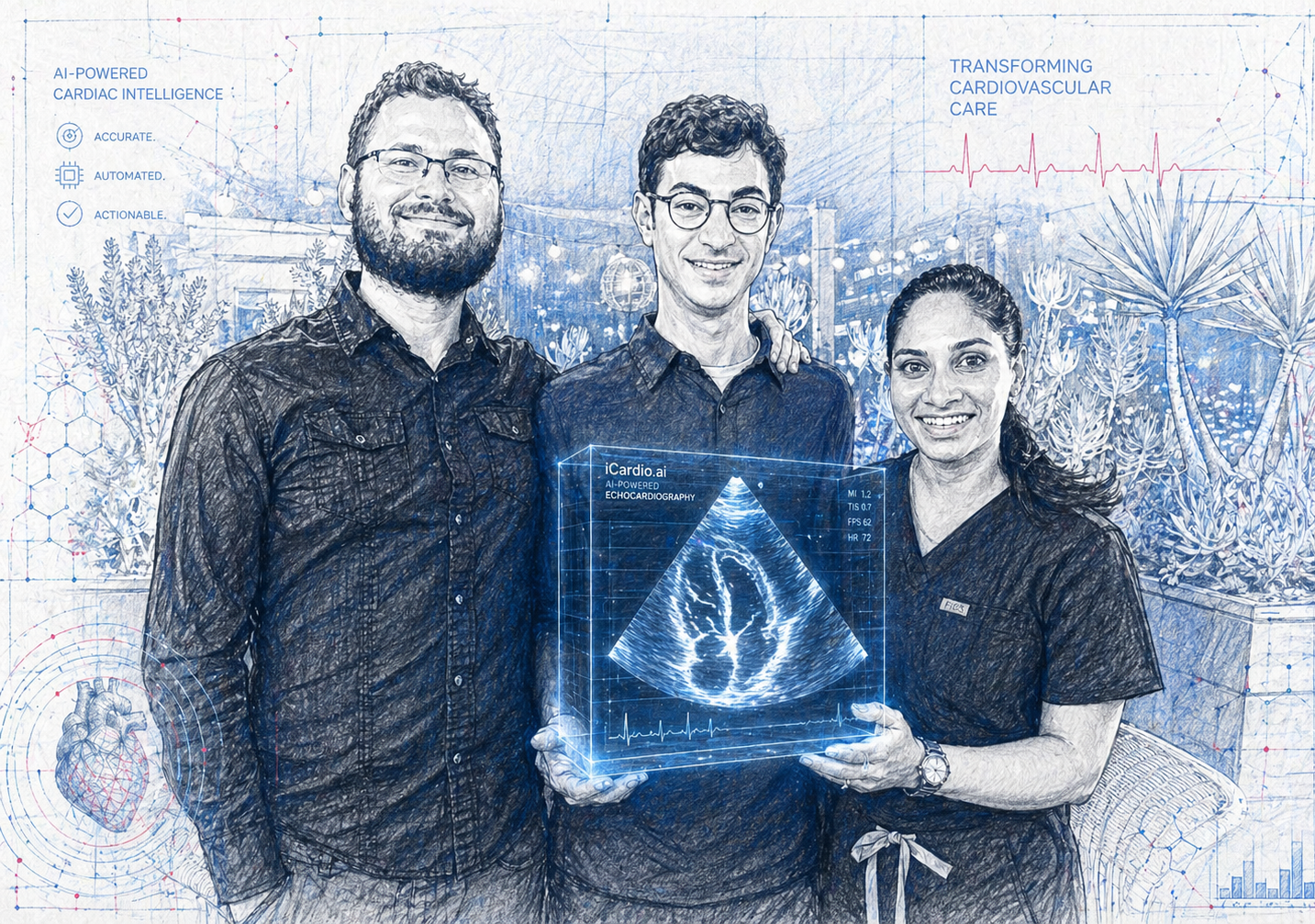 iCardio.ai team — Roman Sandler, Joseph Sokol, and Aakriti Gupta — holding a holographic AI-powered echocardiography display, in blueprint-pencil illustration style.